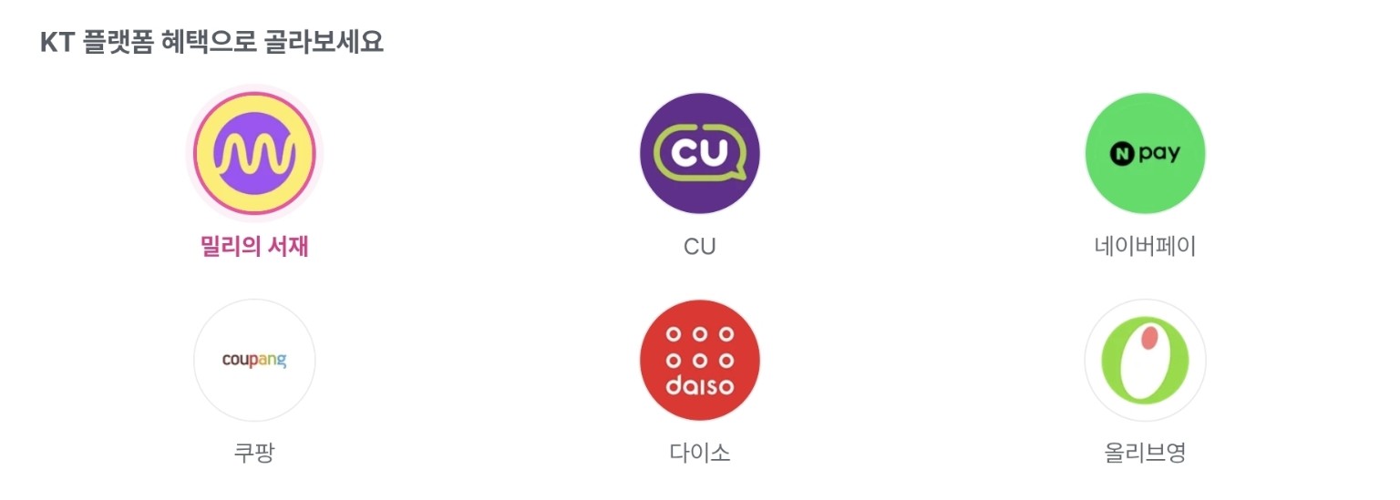 KT 플랫폼 혜택: 밀리의 서재, CU, 네이버페이, 쿠팡, 다이소, 올리브영
